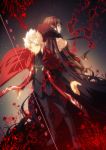  1girl assassin_of_red back-to-back bare_shoulders black_hair cape cross cross_necklace dark_skin elf fate/apocrypha fate_(series) jewelry kotomine_shirou long_hair mar_o necklace pointy_ears semiramis stole title_drop white_hair yellow_eyes 