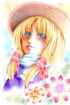  1girl absurdres ballpoint_pen_(medium) blonde_hair blue_eyes flower hat highres moriya_suwako nora_wanko smile solo touhou traditional_media 