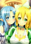  asuna_(sao) asuna_(sao-alo) bare_shoulders blonde_hair blue_eyes blue_hair blush braid breasts cleavage elf grin jam_(jam0601) large_breasts leafa long_hair multiple_girls pointy_ears ponytail puffy_sleeves smile sword_art_online twin_braids yuuki_asuna 