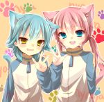  animal_ears aoi_rena blue_eyes blue_hair blush cat_ears cat_tail catboy extra_ears inazuma_eleven_(series) inazuma_eleven_go kariya_masaki kirino_ranmaru male multiple_boys open_mouth paw_print pink_hair romaji tail twintails yellow_eyes 