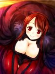  1girl blush breasts choker cleavage dress from_above horns huge_breasts long_hair looking_at_viewer maou_(maoyuu) maoyuu_maou_yuusha re-so red_eyes red_hair redhead smile solo 