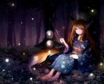  animal_ears barefoot brooch brown_hair canine feet_in_water female firefly forest fox fox_ears fox_tail highres hoshiyui_tsukino japanese_clothes jewelry kemono kimono lamp lantern long_hair nature night nighttime orange_eyes orange_hair original pond rock sitting soaking_feet solo tail tree water yukata 