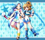  2girls :&gt; anklet argyle argyle_background arle_nadja armor armored_dress blue_background blue_hair boots brown_eyes brown_hair capelet choker earrings fan green_eyes half_updo hitopm jewelry locked_arms long_hair multiple_girls puyopuyo rulue sandals short_hair skirt smile v wrist_cuffs 