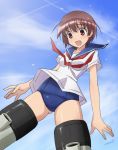  1girl brown_hair look-alike miastral_violet miyafuji_yoshika miyafuji_yoshika_(cosplay) miyanaga_saki red_eyes saki school_swimsuit school_uniform serafuku short_hair smile solo strike_witches striker_unit swimsuit swimsuit_under_clothes 