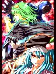  3girls animal_ears black_rock_shooter black_rock_shooter_(character) blue_hair closed_eyes crossover doraemon doraemon_(character) food fruit glowing glowing_eye goggles goggles_on_head green_hair gumi hands_clasped hat highres hinanawi_tenshi kemonomimi_mode long_hair multiple_girls nora_wanko open_mouth peach pillarboxed red_eyes touhou vocaloid 