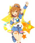  1girl ;d arle_nadja arm_up boots brown_eyes clenched_hand half_updo hitopm open_mouth puyopuyo shirt skirt smile solo standing_on_one_leg star wink wrist_cuffs 