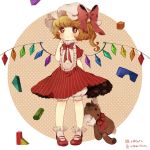  1girl alternate_costume blonde_hair bloomers broken crystal dress flandre_scarlet hat hat_ribbon mary_janes red_eyes ribbon shoes side_ponytail skirt smile solo stuffed_animal stuffed_toy teddy_bear touhou toy wings yujup 