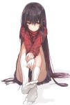  black_hair blush brown_hair copyright_request feet kneehighs long_hair looking_at_viewer no_shoes ribbed_sweater shirabi_(life-is-free) simple_background sitting skirt solo sweater toes turtleneck very_long_hair white_background white_legwear 