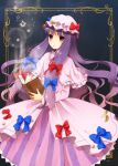  1girl book bow brown_eyes capelet crescent dress hair_bow hat long_hair open_mouth patchouli_knowledge purple_hair ribbon solo star touhou 