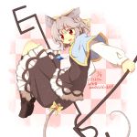  1girl alternate_headwear animal_ears bow capelet checkered checkered_background dowsing_rod fuuen_(akagaminanoka) grey_hair hair_bow long_sleeves looking_at_viewer mouse_ears mouse_tail nazrin red_eyes ribbon shirt short_hair skirt skirt_set smile solo tail tail_ribbon tile_background touhou 