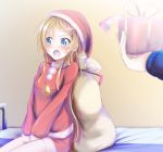  aoi_usagi_(marinebluerabbit) bed blonde_hair blue_eyes gift hat kousaka_kirino long_hair ore_no_imouto_ga_konna_ni_kawaii_wake_ga_nai sack santa_costume santa_hat sitting 