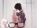  1girl arm_up black_hair blurry blurry_vision blush glasses glasses_removed long_hair original pov scarf tears wiping_tears 