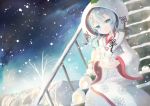  bunny hair_ornament hatsune_miku japanese_clothes kimono night short_hair snow snow_bunny snowflakes snowman solo stairs ti_owo tree uchikake uchikate vocaloid white_hair yuki_miku 