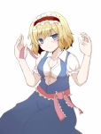  1girl alice_margatroid blonde_hair blue_eyes bow breasts capelet cleavage dress hair_bow hairband ico_(engawa_roman) ribbon short_hair solo touhou undressing 