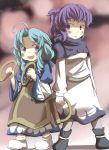  2girls blue_eyes blue_hair dual_persona gaoo_(frpjx283) hair_up height_difference highres hood_down jewelry kumoi_ichirin long_hair multiple_girls open_mouth pendant purple_eyes purple_hair ring skirt smile touhou violet_eyes 