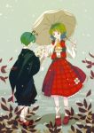  2girls ascot blocsewtore bouquet flower full_body green_hair kazami_yuuka leaf multiple_girls parasol red_shoes shoes short_hair shy skirt skirt_set socks touhou umbrella white_legwear wriggle_nightbug 