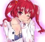  1girl alternate_costume bra breasts cleavage collarbone contemporary floral_print hair_bobbles hair_ornament head_rest large_breasts long_sleeves looking_at_viewer onozuka_komachi open_clothes open_shirt pera-o purple_bra red_eyes red_hair redhead smile solo touhou twintails underwear wink 