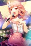  bow collarbone frills gilse glowstick hair_bow hair_ornament hairpin hand_on_own_chest holding lowres microphone open_mouth pink_hair purple_hair red_eyes short_hair short_sleeves singing skirt smile striped sword_girls 