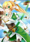  1girl blonde_hair blush boots bracelet braid breasts cleavage fairy_wings female floating_island flying green_eyes hakumen_k jewelry large_breasts leafa long_hair ponytail puffy_sleeves sheath sheathed shorts sky solo sword sword_art_online thigh-highs thighhighs twin_braids weapon wings 