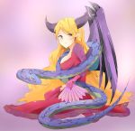  1girl blonde_hair fan holding_fan horns lilith_(p&amp;d) looking_at_viewer pink_eyes pointy_ears puzzle_&amp;_dragons simple_background sitting snake solo takumi_rin very_long_hair wings 