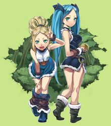  2girls :d apple bare_legs blonde_hair blue_hair boots china_dress chinese_clothes dress fang food fruit green_eyes idun&amp;idunna leaning_forward legs multiple_girls open_mouth puzzle_&amp;_dragons side_slit sleeveless smile tama1130 twintails wristband 