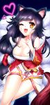 1girl ahri animal_ears bare_shoulders black_hair braid breasts cleavage collarbone detached_sleeves facial_mark fang fox_ears fox_tail heart large_breasts league_of_legends long_hair multiple_tails opalheart open_mouth smile solo tail wink yellow_eyes 