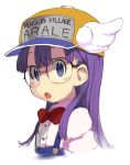  1girl :o blue_eyes blush bow dr._slump glasses hat long_hair looking_at_viewer norimaki_arale overalls portrait purple_hair shirabi_(life-is-free) simple_background solo white_background 