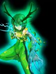  1girl antlers blue_eyes bruce_lee&#039;s_jumpsuit bruce_lee's_jumpsuit claws electricity glowing glowing_eyes green_hair huang_baoling pointy_ears rduuroorn short_hair solo tiger_&amp;_bunny 