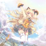  1girl ;d absurdres animal_ears armpits arms_up bare_shoulders bird blonde_hair blue_eyes cat_ears city cloud clouds dove dutch_angle fake_animal_ears hair_ornament headset highres jumping long_hair looking_at_viewer north_abyssor open_mouth panties pantyshot seeu skirt sky smile solo thigh-highs thighhighs underwear vocaloid white_legwear white_panties wink zettai_ryouiki 