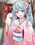  1girl blue_eyes blue_hair flower hair_flower hair_ornament hand_puppet hatsune_miku japanese_clothes kimono new_year open_mouth puppet snake solo torii twintails vocaloid 