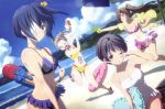  absurdres beach bikini bikini_skirt body_blush breasts chuunibyou_demo_koi_ga_shitai! cleavage cloud dekomori_sanae double_bun eyepatch grin highres ikeda_kazumi multiple_girls navel nibutani_shinka official_art one-piece_swimsuit parasol scan sky smile swimsuit swimsuit takanashi_rikka tsuyuri_kumin umbrella water_gun wince 