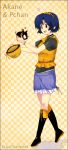  blue_hair boots brown_eyes casual checkered checkered_background choker hairband hat hat_removed headwear_removed highres holding holding_hat knee_boots p-chan piglet ranma_1/2 short_hair skirt smile tendou_akane watermark web_address 