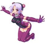  1girl :d blush busou_shinki dd_(artist) doll_joints elbow_gloves gloves kneeling lavender_hair leaning_forward looking_at_viewer maryceles open_mouth outstretched_arms purple_legwear red_eyes short_hair simple_background smile solo spread_arms white_background zilvern 