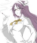  1girl asakura_rikako bow cigarette glasses hair_ribbon kuronuko_neero long_hair long_sleeves purple_eyes purple_hair red-framed_glasses ribbon rough shirt solo touhou touhou_(pc-98) violet_eyes 