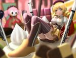  1girl arm_support blonde_hair blurry breasts charlotte_(madoka_magica) depth_of_field drill_hair foreshortening gloves gun hair_ornament highres icing long_hair magical_girl magical_musket mahou_shoujo_madoka_magica musket panties pantyshot pantyshot_(sitting) short_hair siraha sitting skirt thigh-highs thighhighs tomoe_mami twin_drills twintails underwear weapon witch's_labyrinth yellow_eyes 