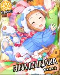  1girl animal_costume animal_ears animal_hood animal_slippers brown_hair character_name closed_eyes doll_hug eyes_closed fake_animal_ears fake_tail happy hood hug ichihara_nina idolmaster idolmaster_cinderella_girls jpeg_artifacts object_hug official_art panda_costume scarf shoe_soles slippers smile solo stuffed_animal stuffed_toy 