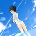 1girl :o ahoge arched_back ass black_hair brown_eyes clouds dutch_angle from_behind looking_back ninnzinn no_pants original panties partially_underwater_shot see-through sideways_mouth sky solo striped striped_panties thighs underwear wading water wet wet_clothes wet_shirt wringing_clothes wringing_skirt 