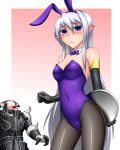  1girl animal_ears blood bowtie bunny_ears bunnysuit character_request demise,_king_of_armageddon demise_king_of_armageddon detached_collar duel_monster elbow_gloves gloves long_hair nosebleed pantyhose pataryouto pointy_ears purple_eyes rabbit_ears ruin_queen_of_oblivion silver_hair violet_eyes wrist_cuffs yu-gi-oh! yuu-gi-ou 