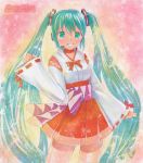  1girl artist_name green_eyes green_hair hatsune_miku headset japanese_clothes long_hair mayo_riyo miko project_diva skirt solo traditional_media twintails very_long_hair vocaloid 