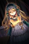  blonde_hair crossed_arms darkness dress flint_(sword_girls) frilled_dress frills glowing layered_dress long_hair lowres maid_headdress open_mouth red_eyes solo striped sword_girls syokil tattoo very_long_hair wavy_hair 