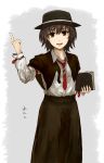  1girl armband beato2528 book brown_eyes brown_hair capelet dress_shirt grey_background hat long_sleeves looking_at_viewer necktie parted_lips raised_finger shirt short_hair skirt solo touhou usami_renko 