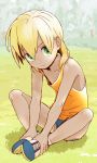  1boy blonde_hair green_eyes inazuma_eleven inazuma_eleven_(series) long_hair male miyasaka_ryou shorts smile solo tan trap 