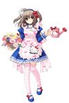  absurdres animal_ears apron bouquet bow brown_eyes brown_hair cat_ears dress flower hello_kitty hello_kitty_to_issho! highres mary_janes nishimata_aoi shoes simple_background striped striped_legwear thigh-highs thighhighs two_side_up watering_can 
