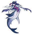  1girl artist_request blue_hair breasts hair_ornament hair_ribbon hairband long_hair long_sleeves mermaid monster_girl original raglan_sleeves red_eyes ribbon shark shark_fin shark_girl simple_background solo tail 