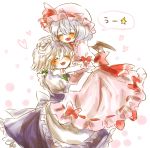  2girls :d ^_^ apron ascot bat_wings blue_dress blue_hair blush braid carrying closed_eyes dress eyes_closed fang hair_ribbon hand_on_head hat hat_ribbon heart holding_up izayoi_sakuya maid maid_headdress maru_usagi multiple_girls open_mouth puffy_sleeves remilia_scarlet ribbon shirt short_hair short_sleeves silver_hair skirt skirt_set smile touhou translated twin_braids uu~ waist_apron wings 