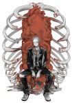  1boy blonde_hair blood dorohedoro expressionless formal glasses heart_(organ) maruco mask mask_removed mushroom necktie organs ribs shin shoes simple_background sitting sneakers solo stitches suit throne tuxedo 