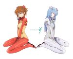  2girls alternate_hair_length alternate_hairstyle ayanami_rei blue_eyes blue_hair breasts brown_hair ebba hair_ornament hairstyle_switch long_hair looking_at_viewer midriff multiple_girls neon_genesis_evangelion plugsuit rebuild_of_evangelion red_eyes see-through shikinami_asuka_langley short_hair sitting smile soryu_asuka_langley souryuu_asuka_langley test_plugsuit v_arms wariza 