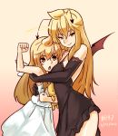  2girls :&lt; adult ahoge angel angel_wings antenna antennae arm_around_waist bare_shoulders black_dress blonde_hair blush breasts brown_hair chestnut_mouth clenched_hand clenched_hands dated demon_wings dress dual_persona elbow_gloves flat_chest fujioka-kuma gloves halo hug junkpuyo long_hair minami-ke minami_chiaki minami_haruka multiple_girls nightgown open_mouth pink_background raised_fist seductive_smile siblings side_slit simple_background sisters skirt smile stuffed_animal stuffed_toy teddy_bear thighhighs white_dress wings yellow_eyes 