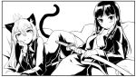  2girls animal_ears bangs blush gloves hair_down heinrike_prinzessin_zu_sayn-wittgenstein hirschgeweih_antennas long_hair looking_at_viewer lying military military_uniform monochrome mozu_(peth) multiple_girls on_back on_side sakamoto_mio scarf smile strike_witches sword tail uniform weapon 