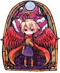  1boy bare_tree blonde_hair bone boots cape cloud clouds cross expressionless flower full_moon hand_on_own_chest live_a_live moon oersted red_eyes scarf skull solo spoilers stained_glass tears tree wings 